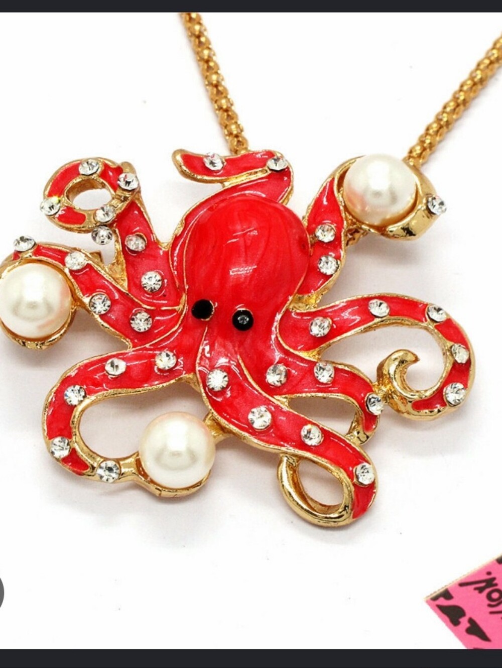 Betsey Johnson Gold-Tone Red Octopus Pearl Pendant Necklace / Pin